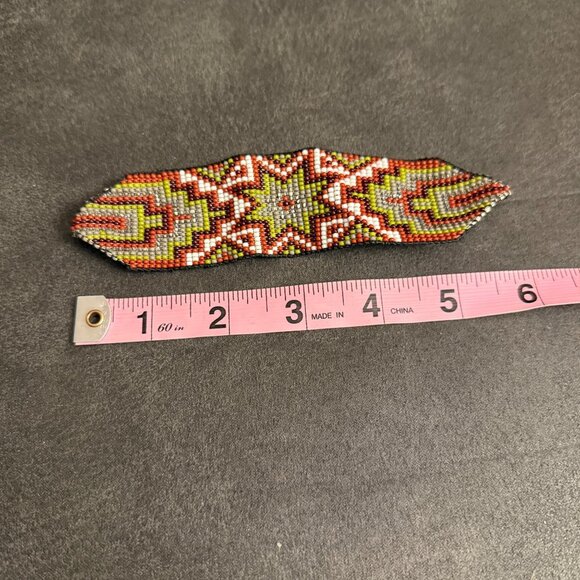 Handmade Beaded Bracelet With Geometric Star Pattern In Red Green & White Adjus - Picture 5 of 7